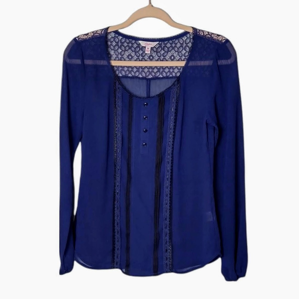 Candie's Blouse Women Medium Blue Lace Yoke Crochet Trim Sheer Long Sleeve Top